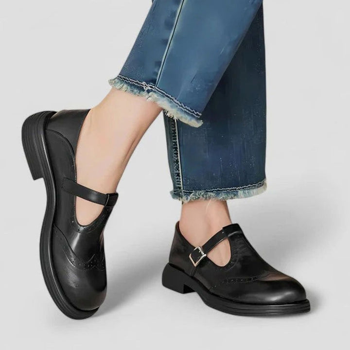 Mia | Women's Brogue Leather T-Strap Classic Boots Buckle Flats