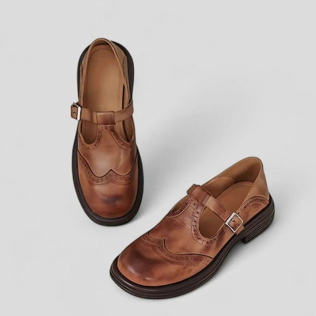 Mia | Women's Brogue Leather T-Strap Classic Boots Buckle Flats