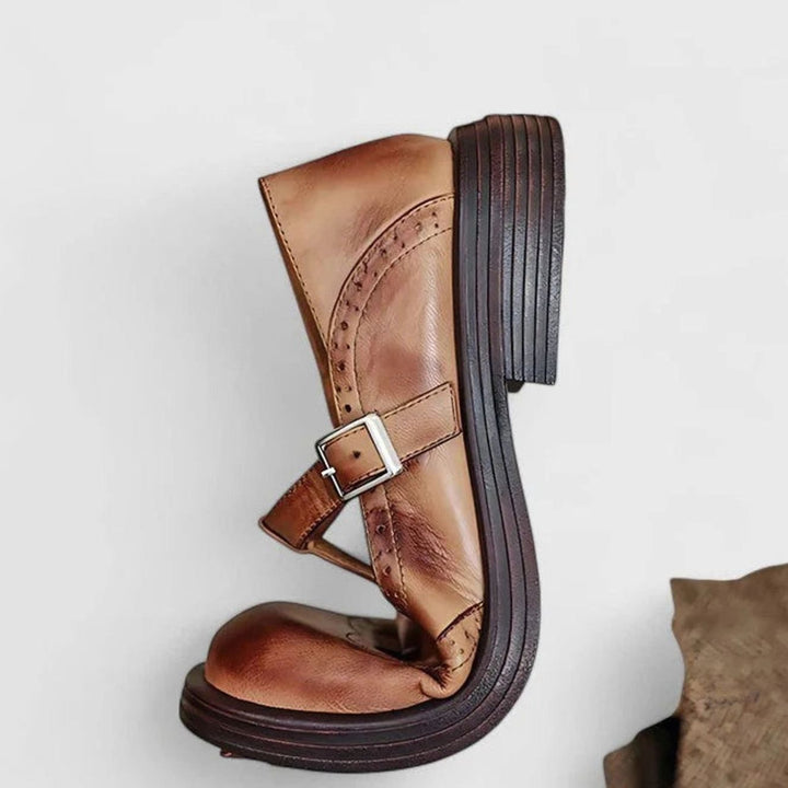 Mia | Women's Brogue Leather T-Strap Classic Boots Buckle Flats