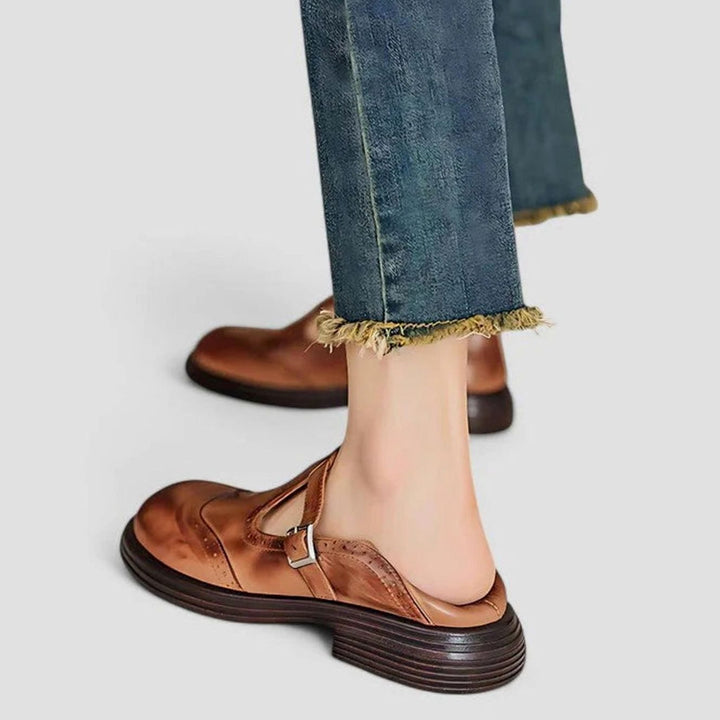 Mia | Women's Brogue Leather T-Strap Classic Boots Buckle Flats