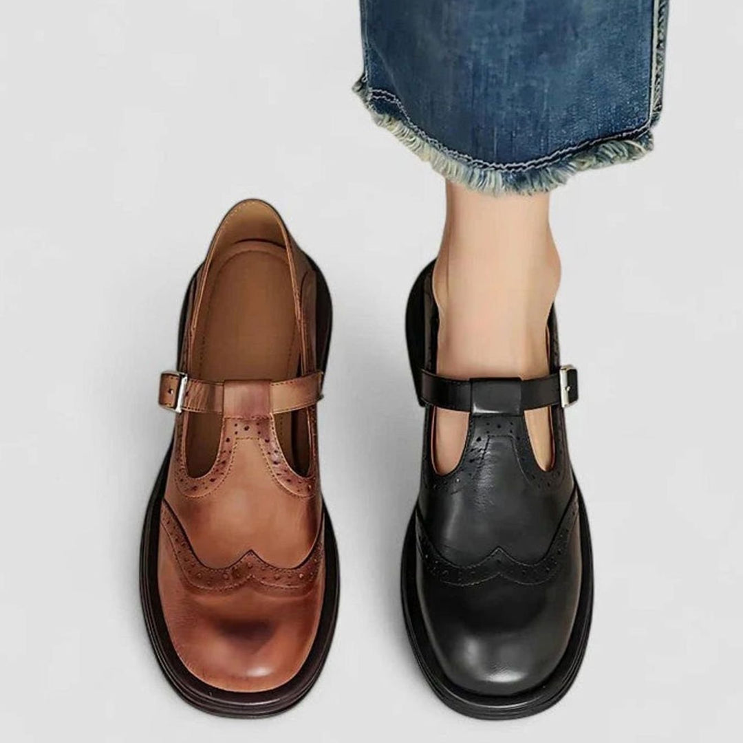 Mia | Women's Brogue Leather T-Strap Classic Boots Buckle Flats