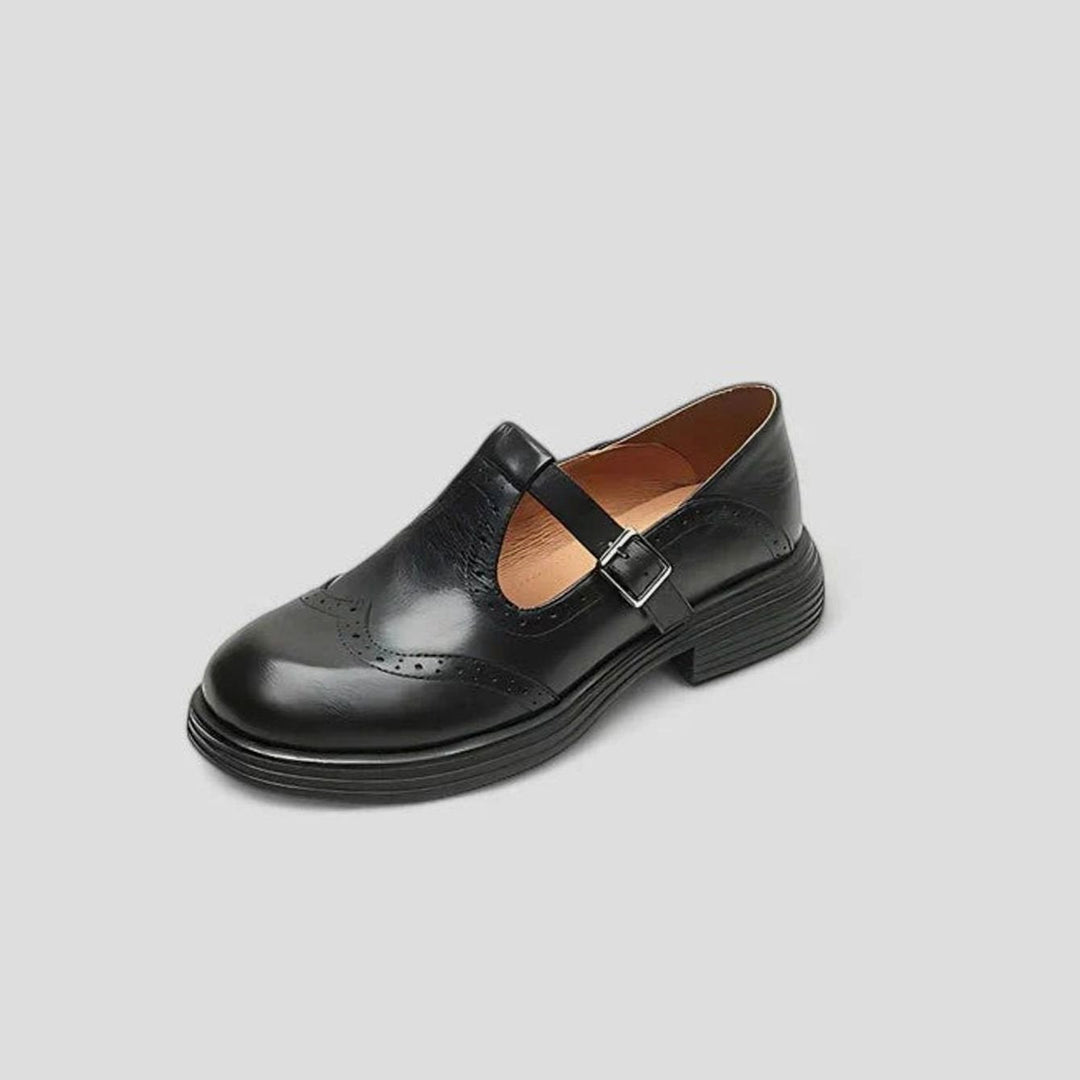 Mia | Women's Brogue Leather T-Strap Classic Boots Buckle Flats