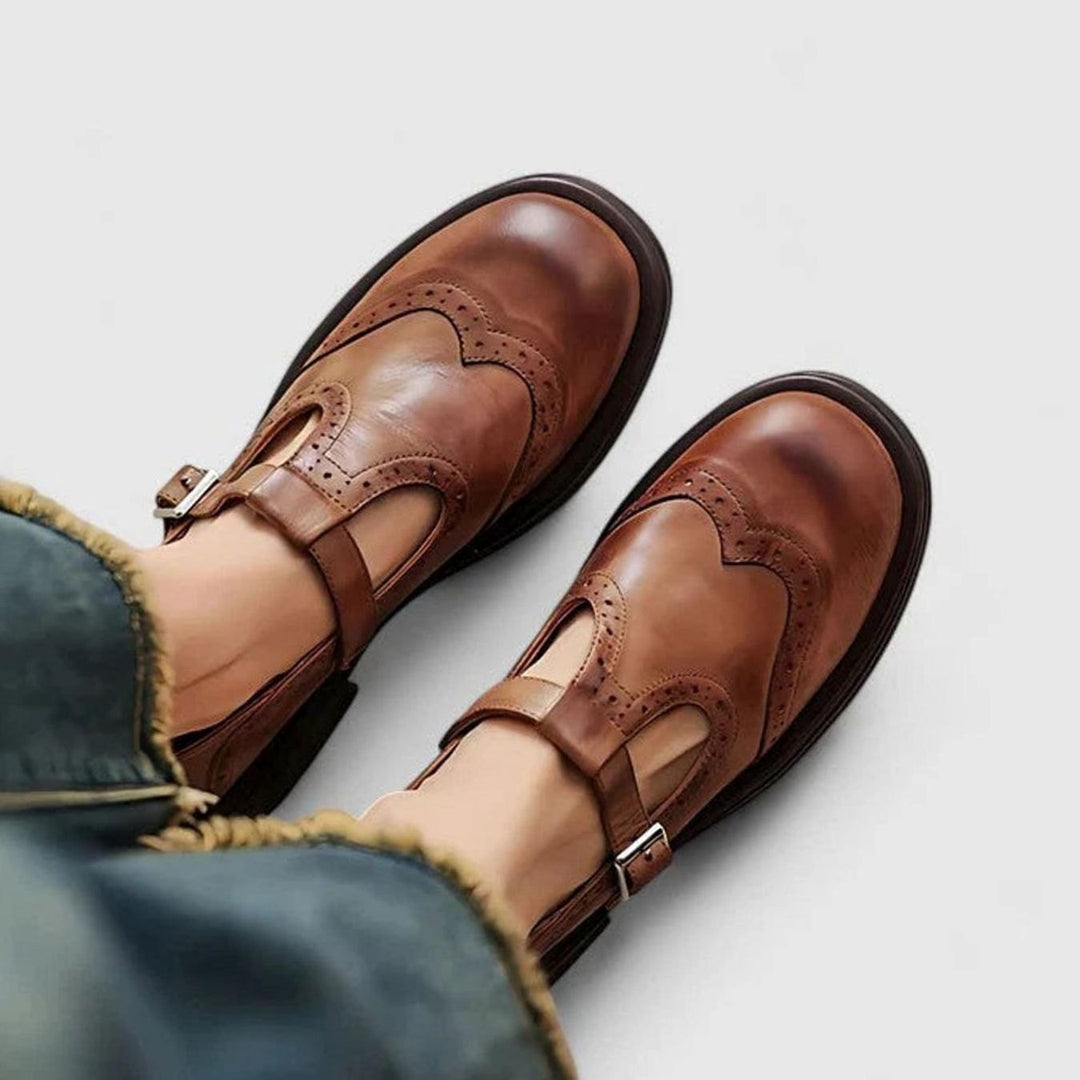 Mia | Women's Brogue Leather T-Strap Classic Boots Buckle Flats