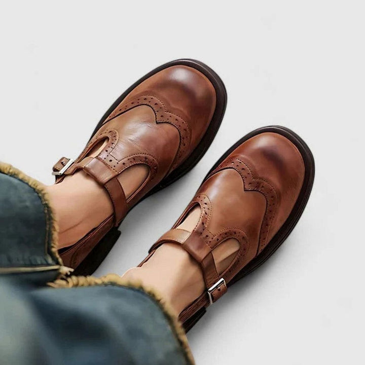 Mia | Women's Brogue Leather T-Strap Classic Boots Buckle Flats