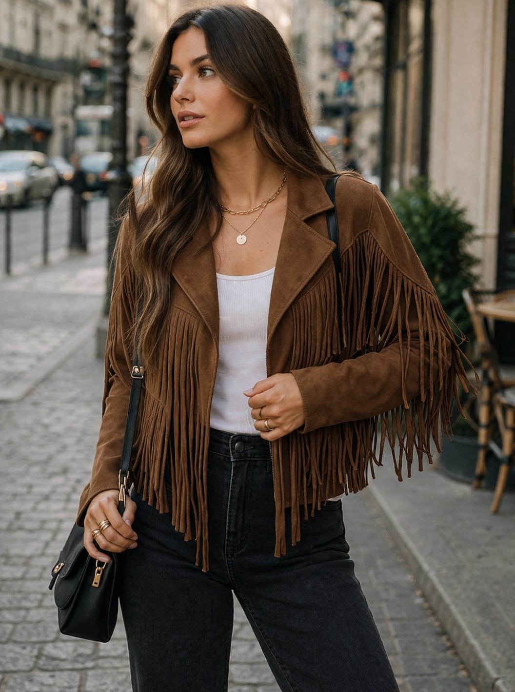 Evelyn | Women's Brown Suede Fringe Blazer Jacket