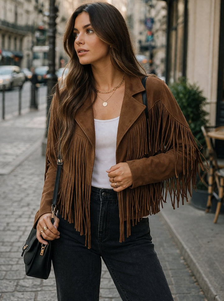 Evelyn | Women's Brown Suede Fringe Blazer Jacket