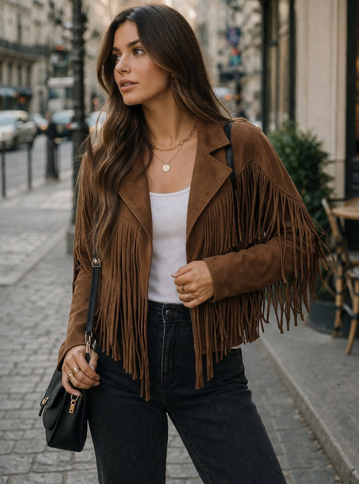 Evelyn | Women's Brown Suede Fringe Blazer Jacket