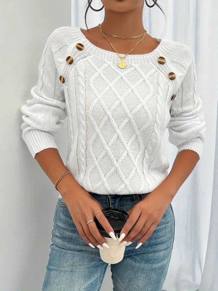 Victoria | Women's Cable Knit Sweater Raglan-Sleeve Button-Detail Pullover