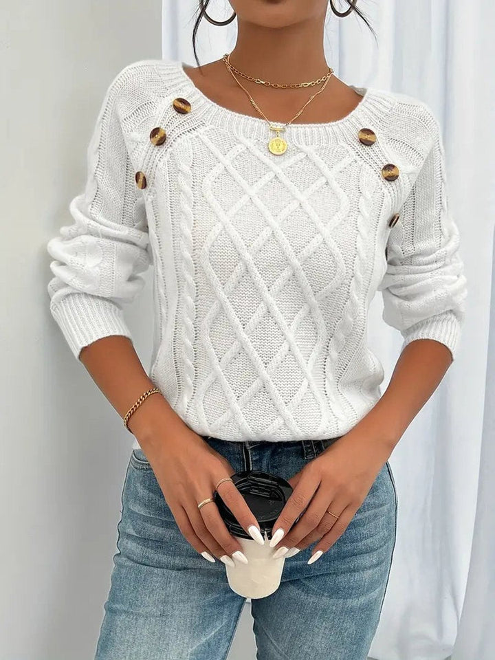 Victoria | Women's Cable Knit Sweater Raglan-Sleeve Button-Detail Pullover