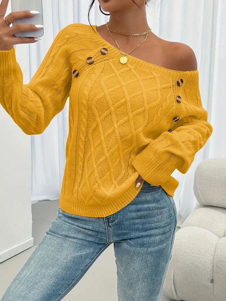 Victoria | Women's Cable Knit Sweater Raglan-Sleeve Button-Detail Pullover