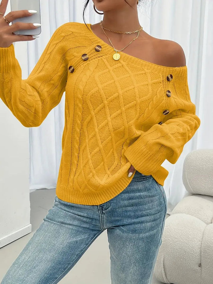 Victoria | Women's Cable Knit Sweater Raglan-Sleeve Button-Detail Pullover