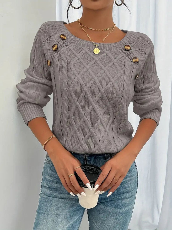 Victoria | Women's Cable Knit Sweater Raglan-Sleeve Button-Detail Pullover