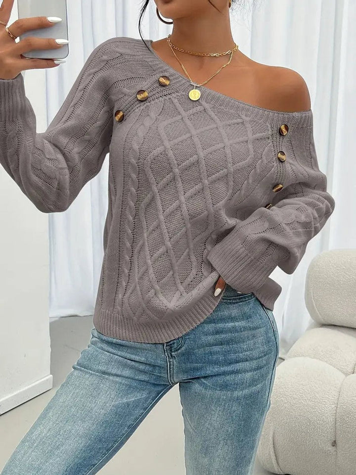 Victoria | Women's Cable Knit Sweater Raglan-Sleeve Button-Detail Pullover