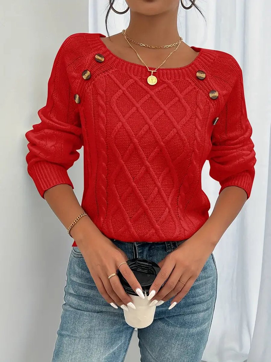 Victoria | Women's Cable Knit Sweater Raglan-Sleeve Button-Detail Pullover