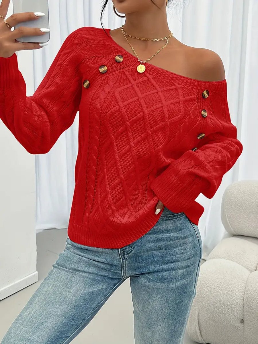 Victoria | Women's Cable Knit Sweater Raglan-Sleeve Button-Detail Pullover