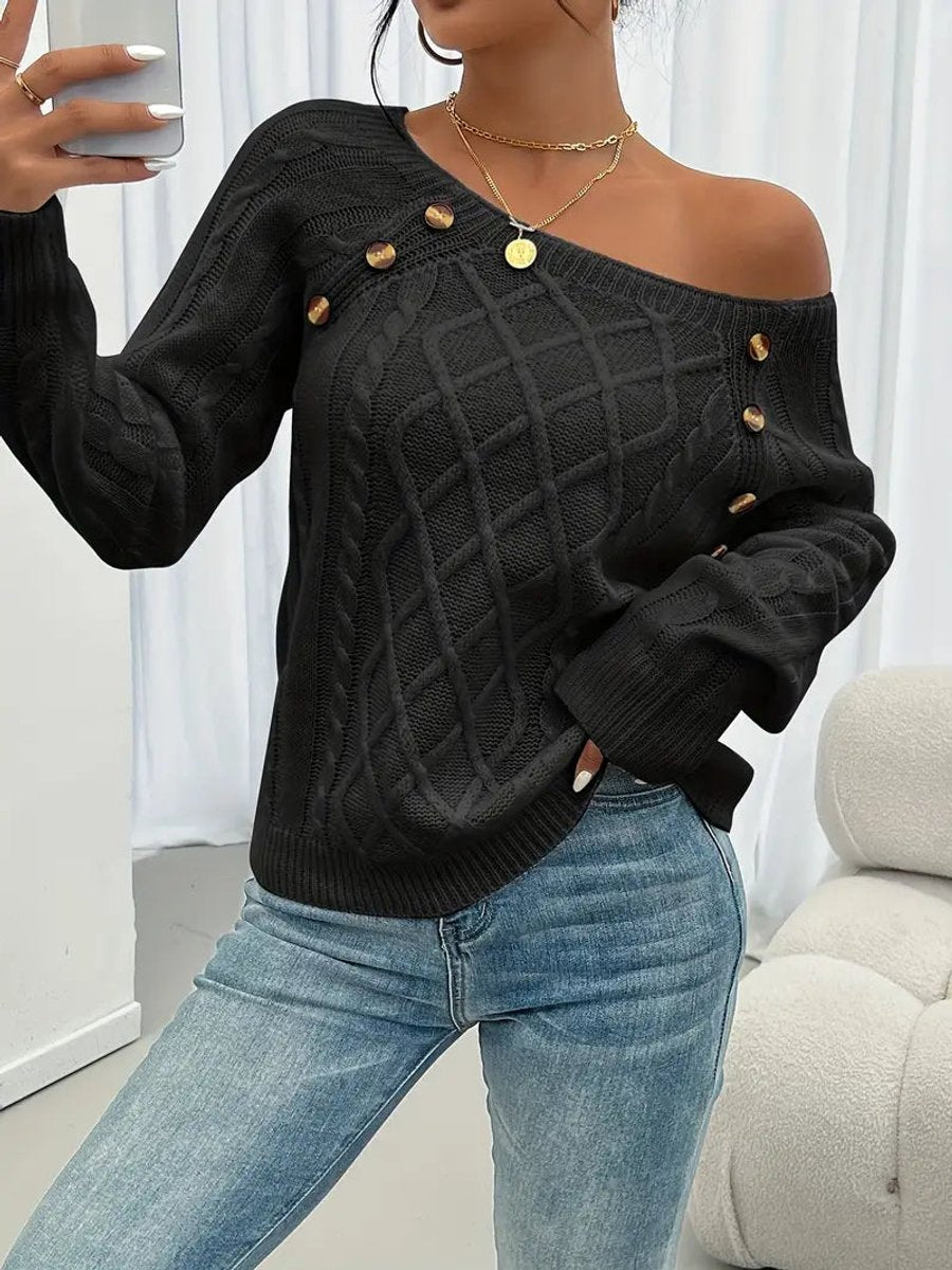 Victoria | Women's Cable Knit Sweater Raglan-Sleeve Button-Detail Pullover
