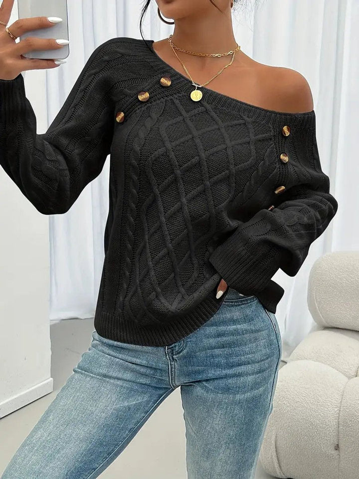 Victoria | Women's Cable Knit Sweater Raglan-Sleeve Button-Detail Pullover