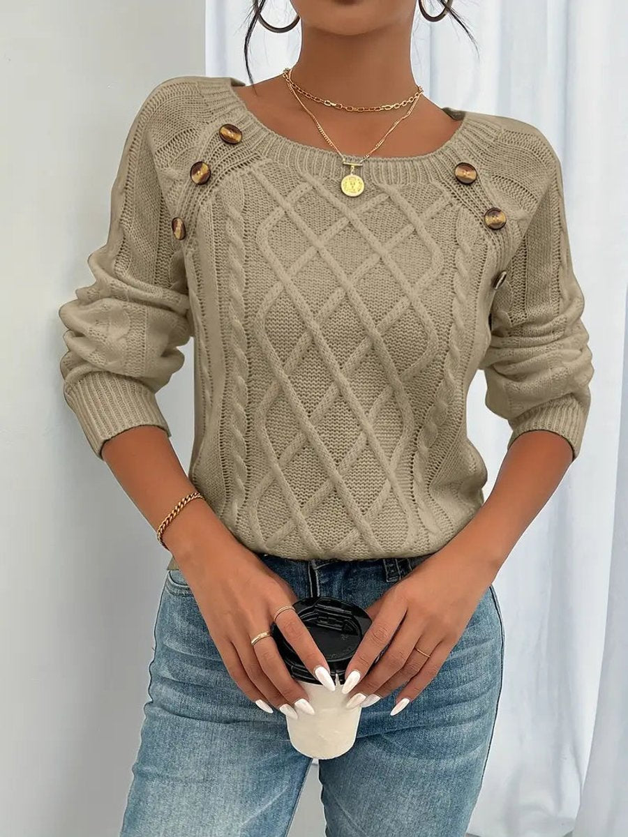 Victoria | Women's Cable Knit Sweater Raglan-Sleeve Button-Detail Pullover