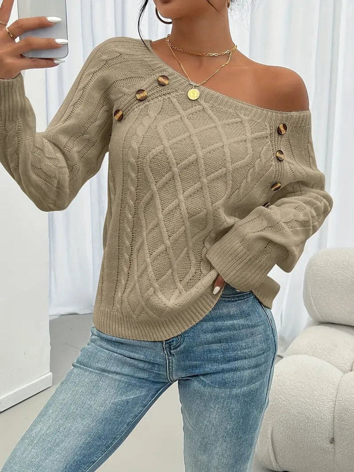 Victoria | Women's Cable Knit Sweater Raglan-Sleeve Button-Detail Pullover