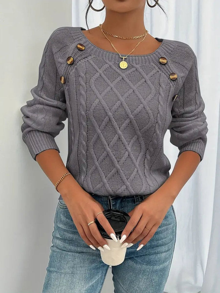 Victoria | Women's Cable Knit Sweater Raglan-Sleeve Button-Detail Pullover