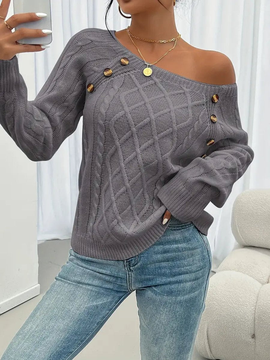 Victoria | Women's Cable Knit Sweater Raglan-Sleeve Button-Detail Pullover