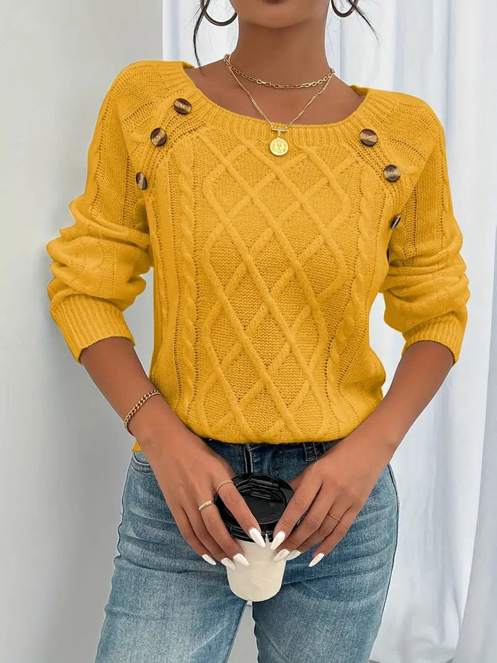 Victoria | Women's Cable Knit Sweater Raglan-Sleeve Button-Detail Pullover