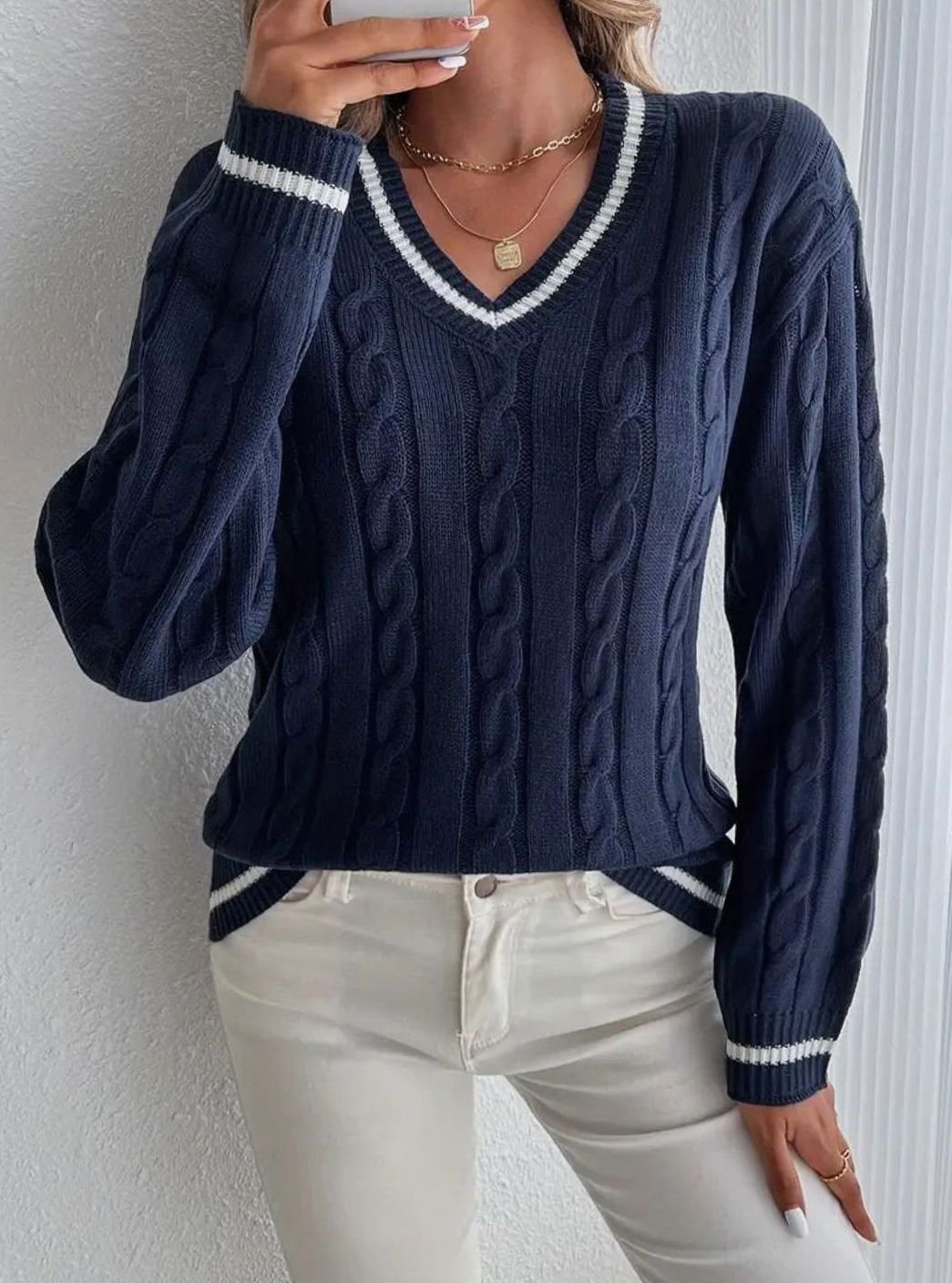 Ava | Women's Cardigan V-Neck Cable Knit Striped Trim Pullover Sweater