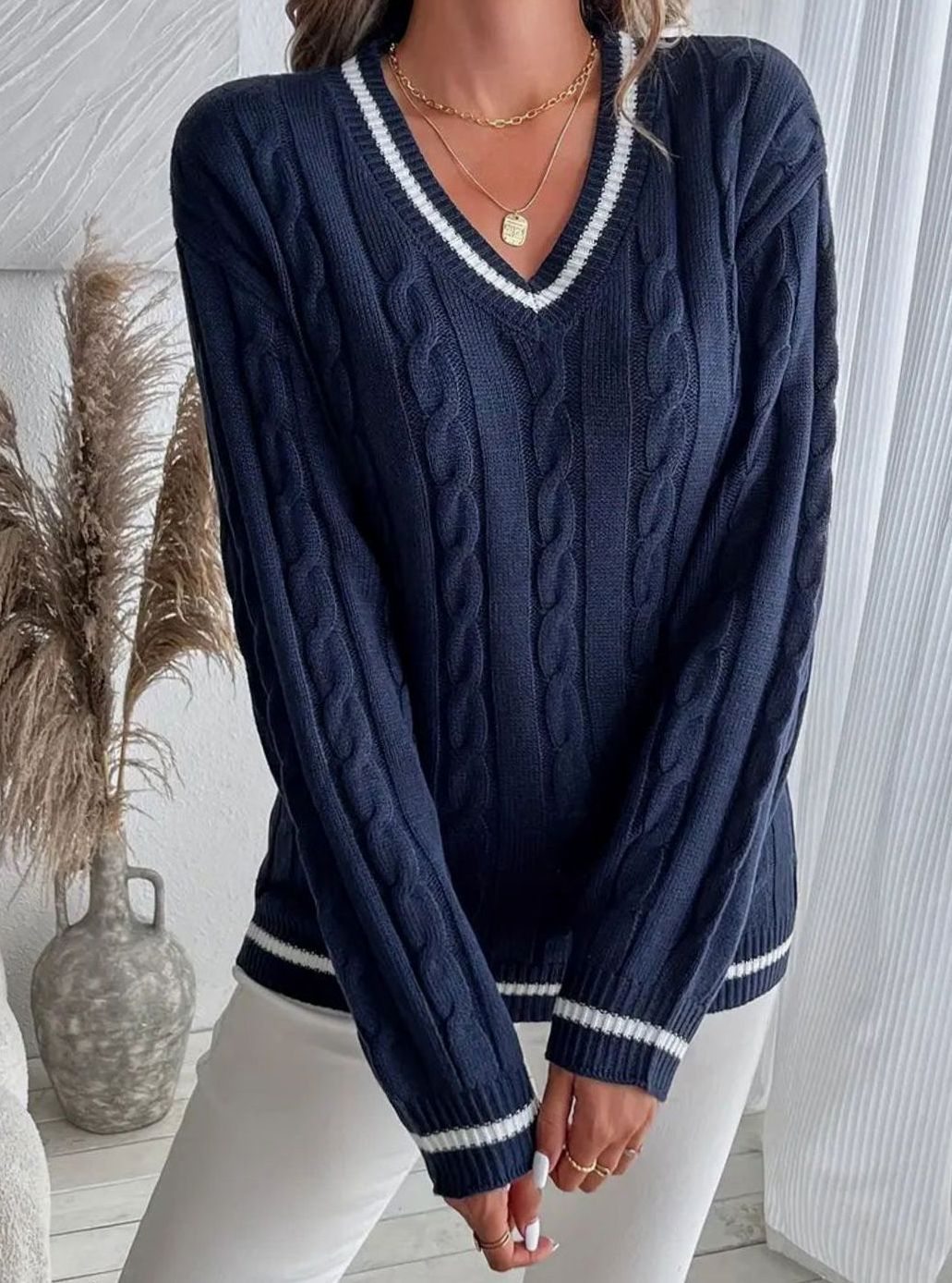Ava | Women's Cardigan V-Neck Cable Knit Striped Trim Pullover Sweater