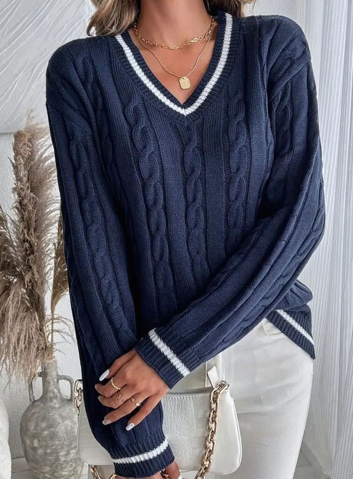 Ava | Women's Cardigan V-Neck Cable Knit Striped Trim Pullover Sweater