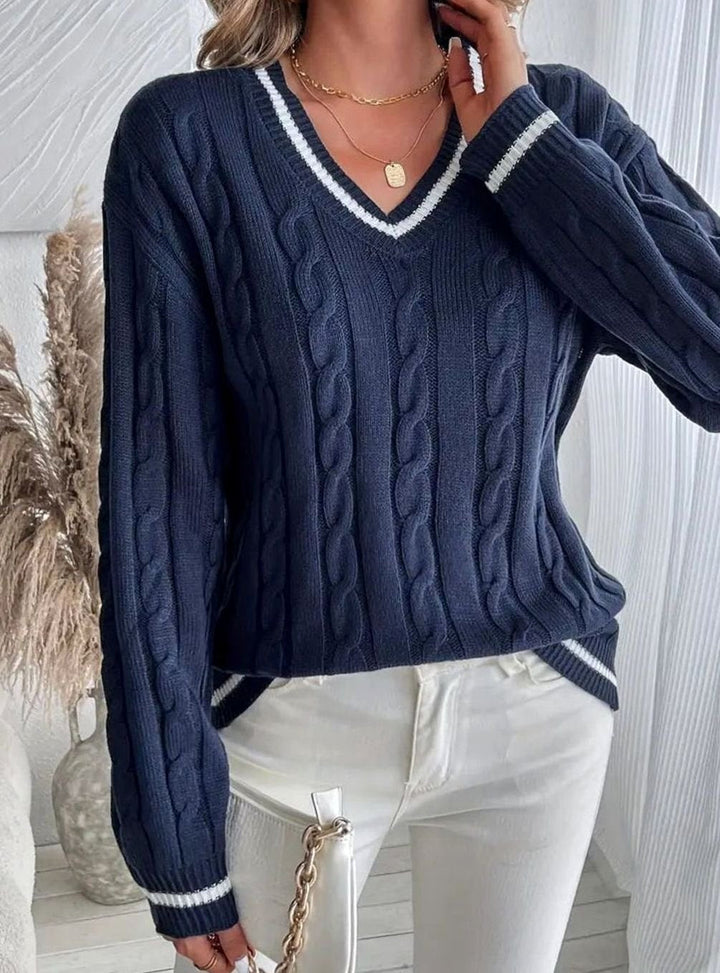 Ava | Women's Cardigan V-Neck Cable Knit Striped Trim Pullover Sweater