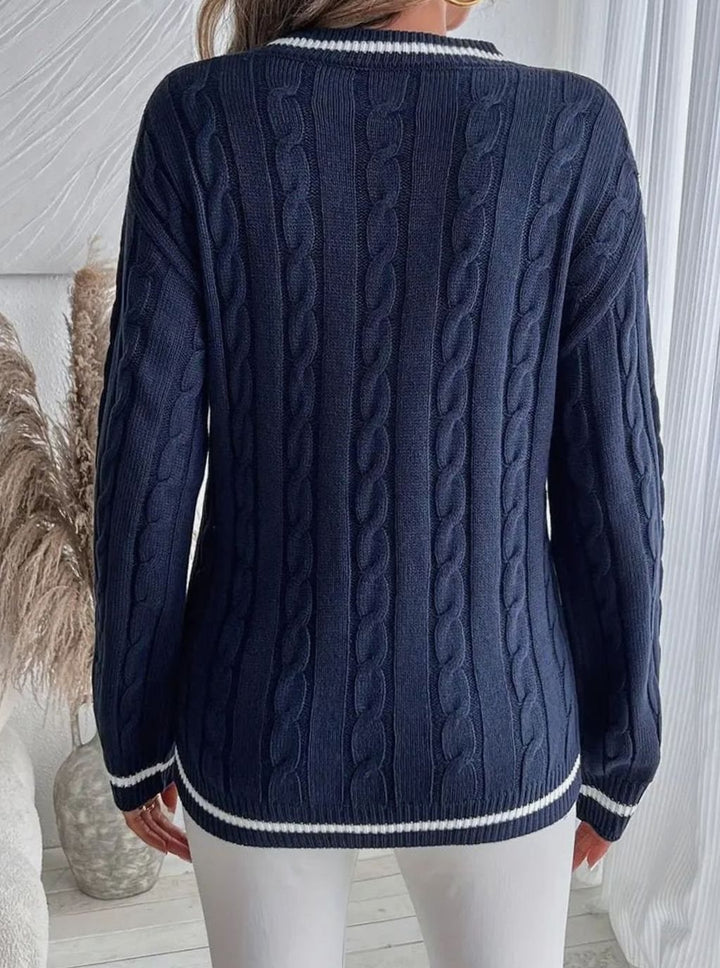 Ava | Women's Cardigan V-Neck Cable Knit Striped Trim Pullover Sweater