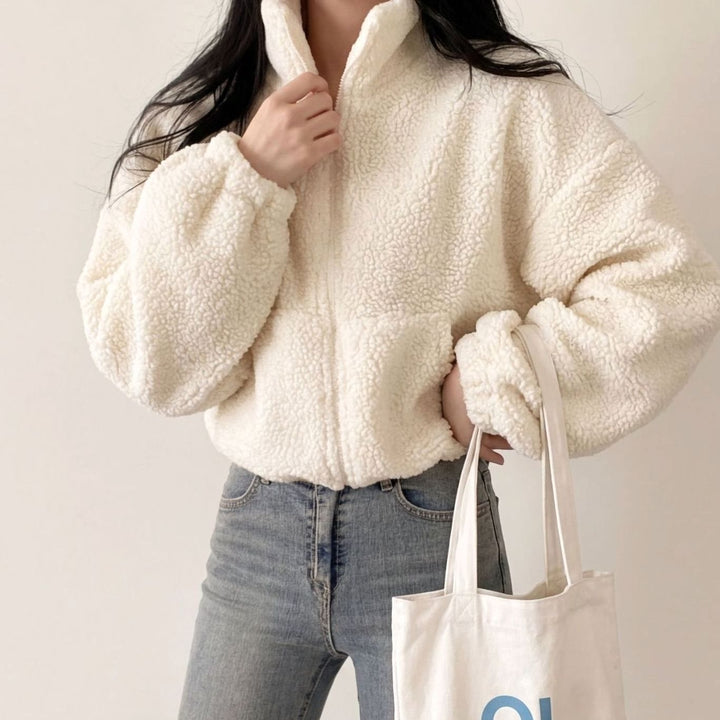 Evelyn | Women's Coat Cropped Sherpa Fleece Zip-Up Teddy Jacket