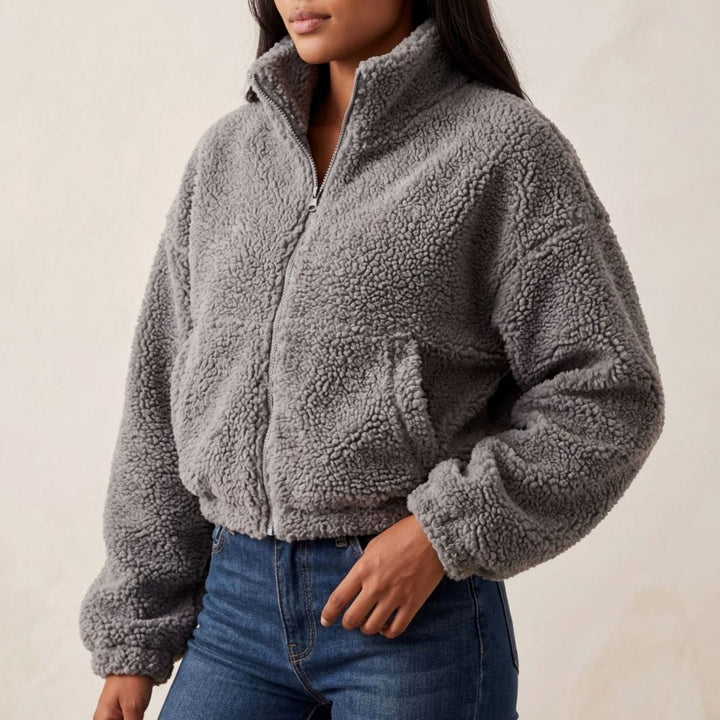 Evelyn | Women's Coat Cropped Sherpa Fleece Zip-Up Teddy Jacket