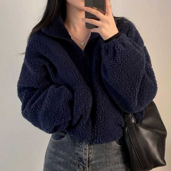 Evelyn | Women's Coat Cropped Sherpa Fleece Zip-Up Teddy Jacket