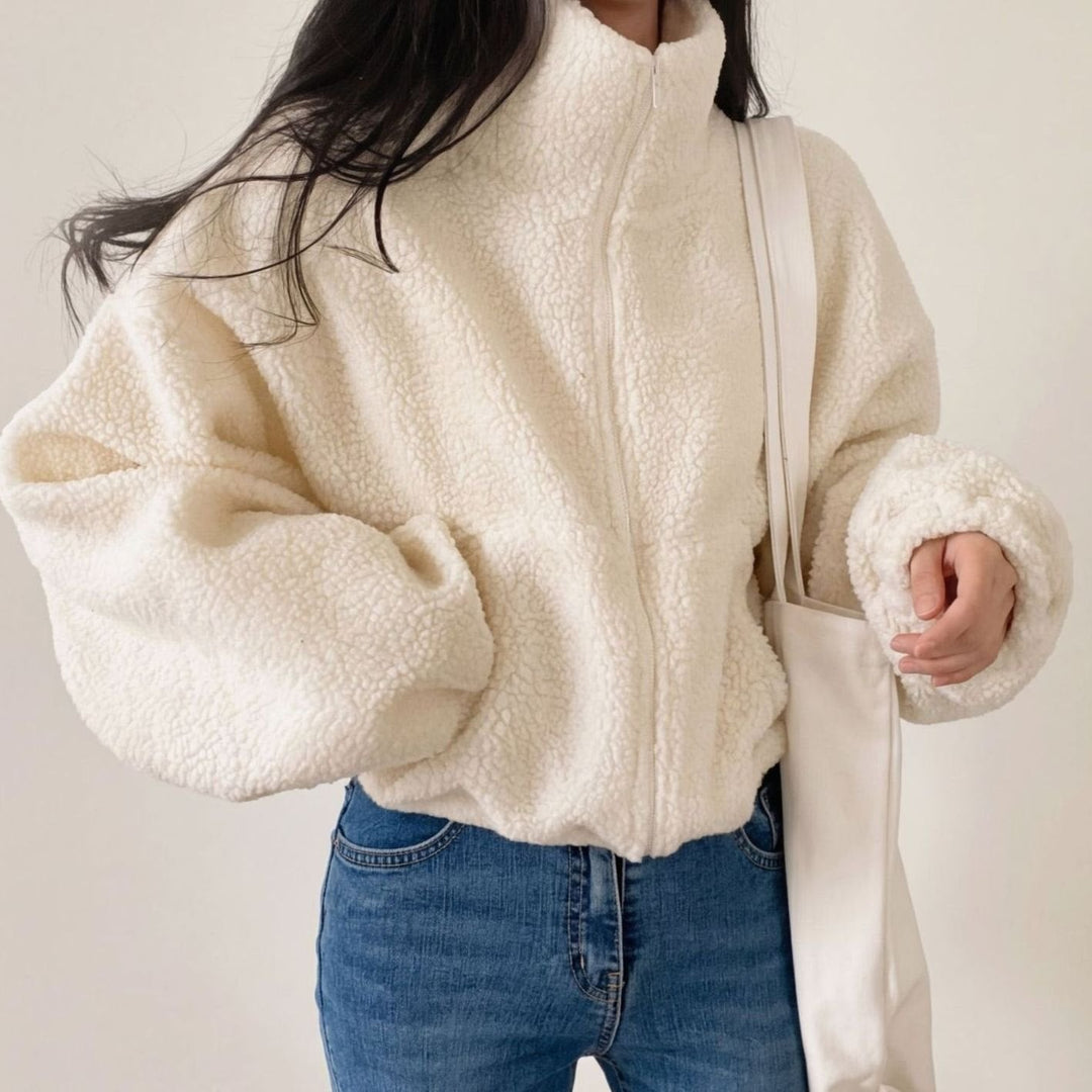 Evelyn | Women's Coat Cropped Sherpa Fleece Zip-Up Teddy Jacket