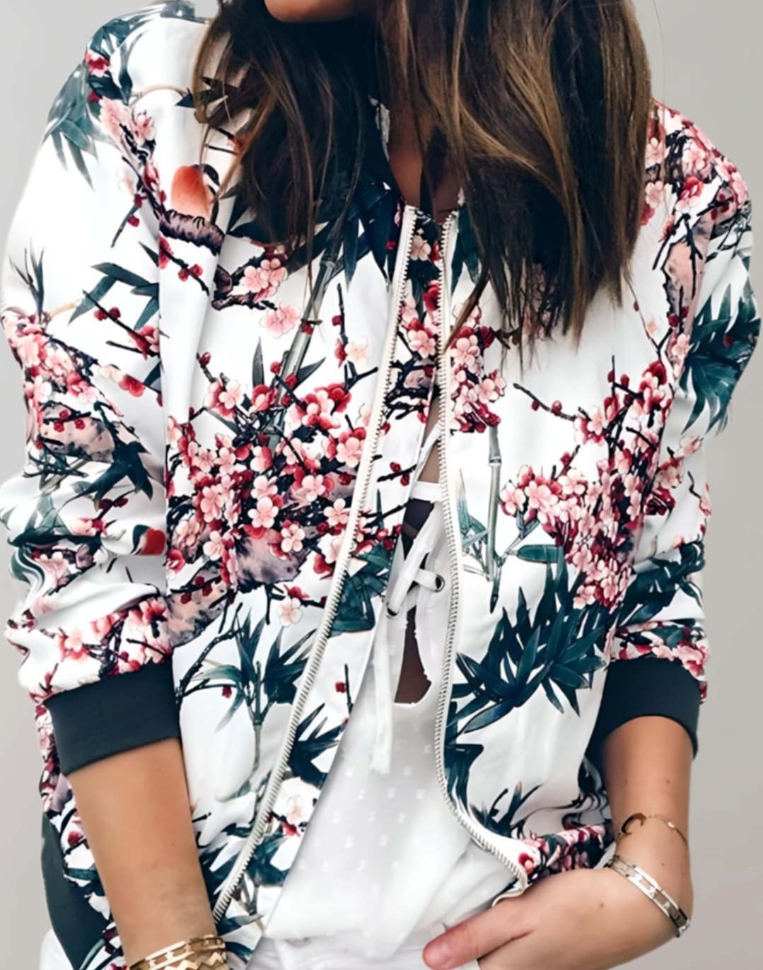 Mia | Women's Coat Floral Zip-Up Bomber Jacket