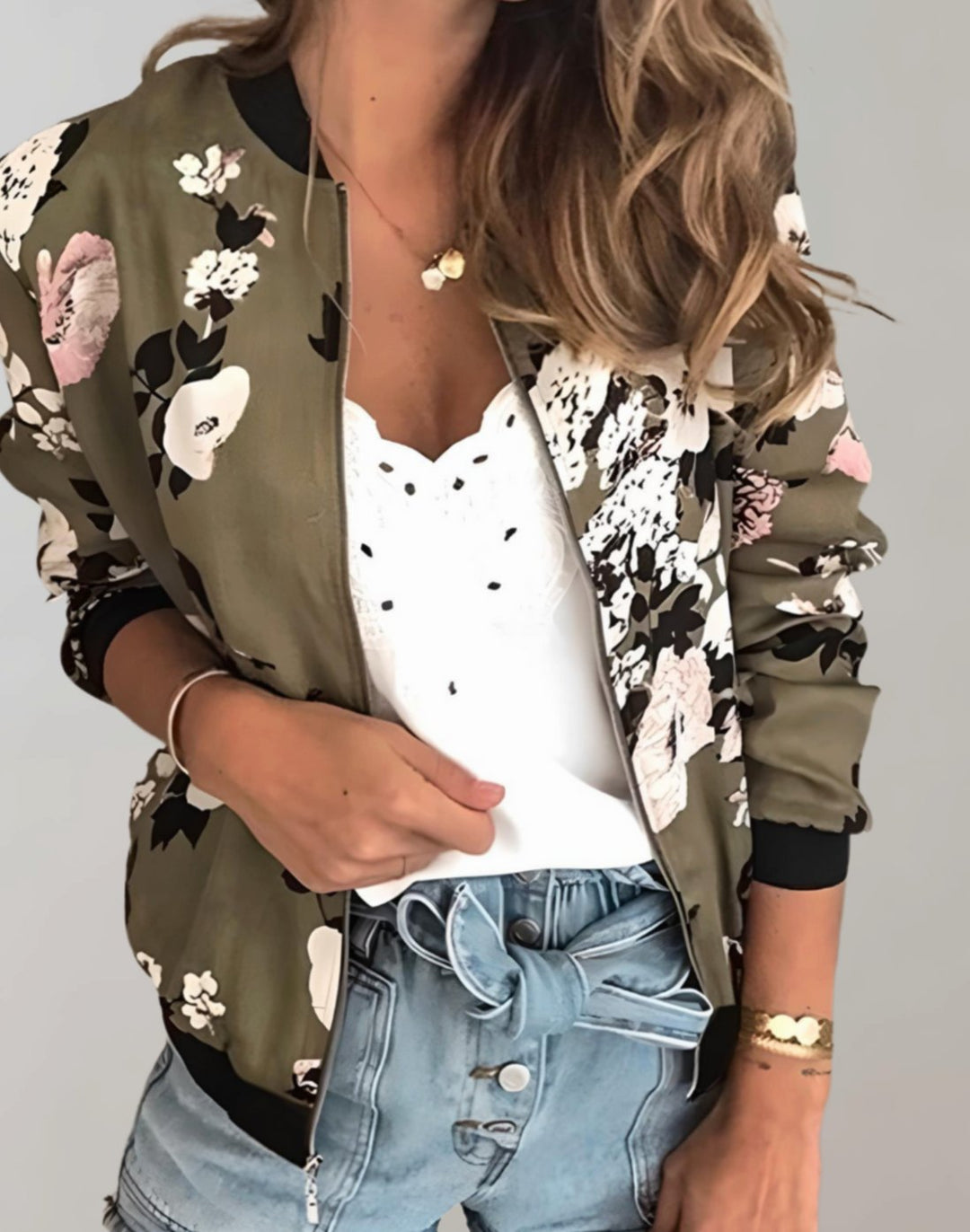 Mia | Women's Coat Floral Zip-Up Bomber Jacket