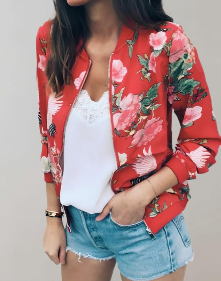 Mia | Women's Coat Floral Zip-Up Bomber Jacket