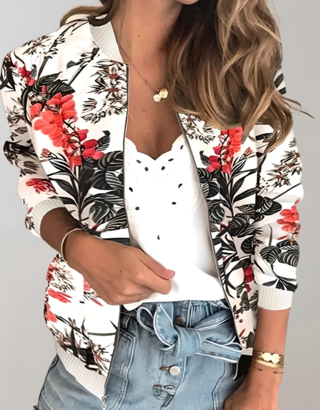 Mia | Women's Coat Floral Zip-Up Bomber Jacket