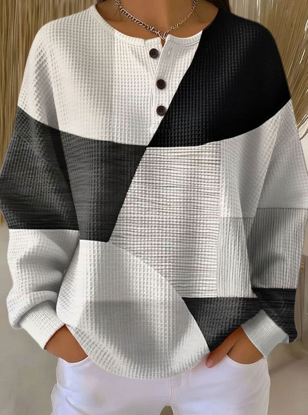 Mia | Women's Colourblock Waffle-Knit Henley Pullover Sweater