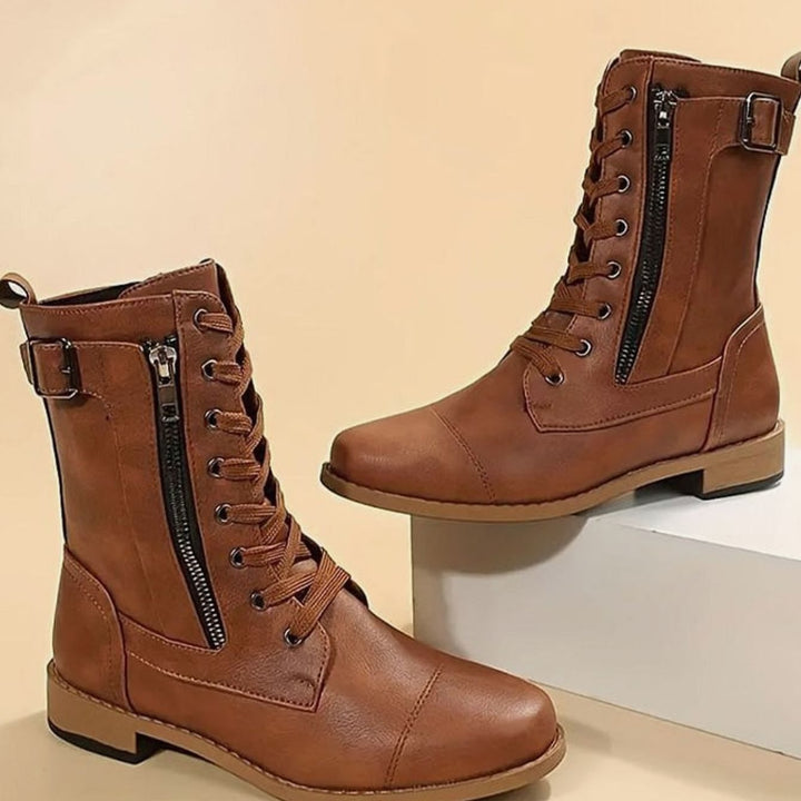 Nora | Women's Combat Lace-Up Side-Zip Ankle Boots Buckle Detail