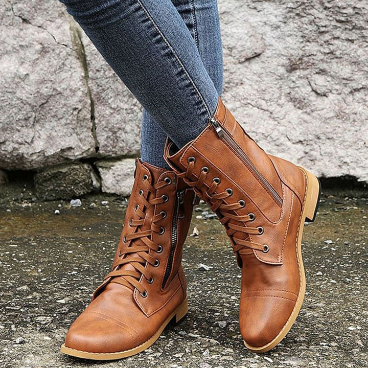 Nora | Women's Combat Lace-Up Side-Zip Ankle Boots Buckle Detail