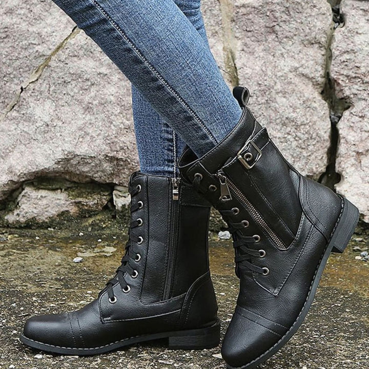 Nora | Women's Combat Lace-Up Side-Zip Ankle Boots Buckle Detail