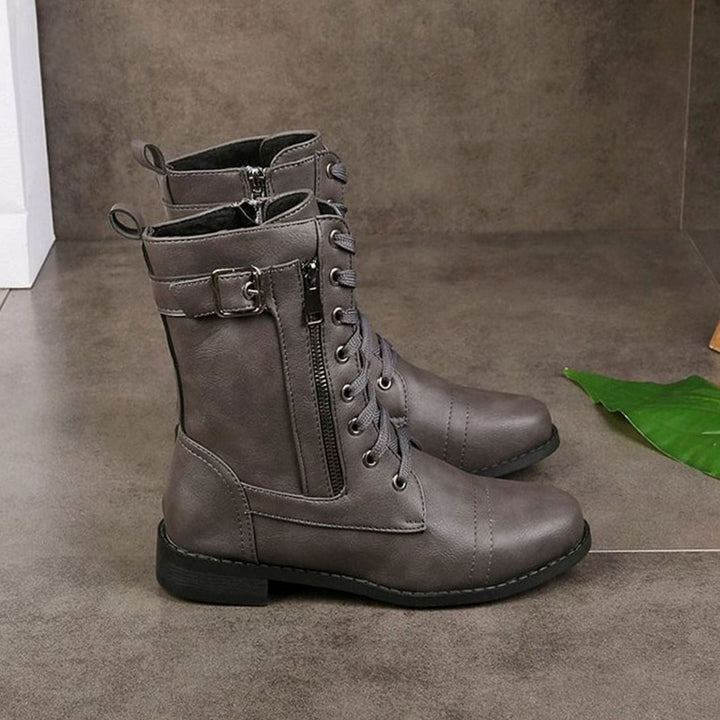 Nora | Women's Combat Lace-Up Side-Zip Ankle Boots Buckle Detail
