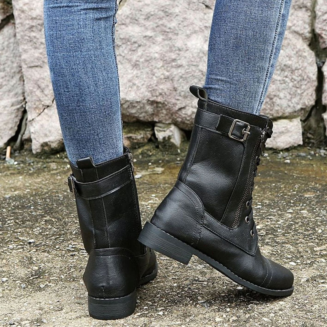 Nora | Women's Combat Lace-Up Side-Zip Ankle Boots Buckle Detail