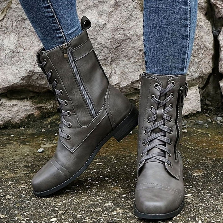 Nora | Women's Combat Lace-Up Side-Zip Ankle Boots Buckle Detail