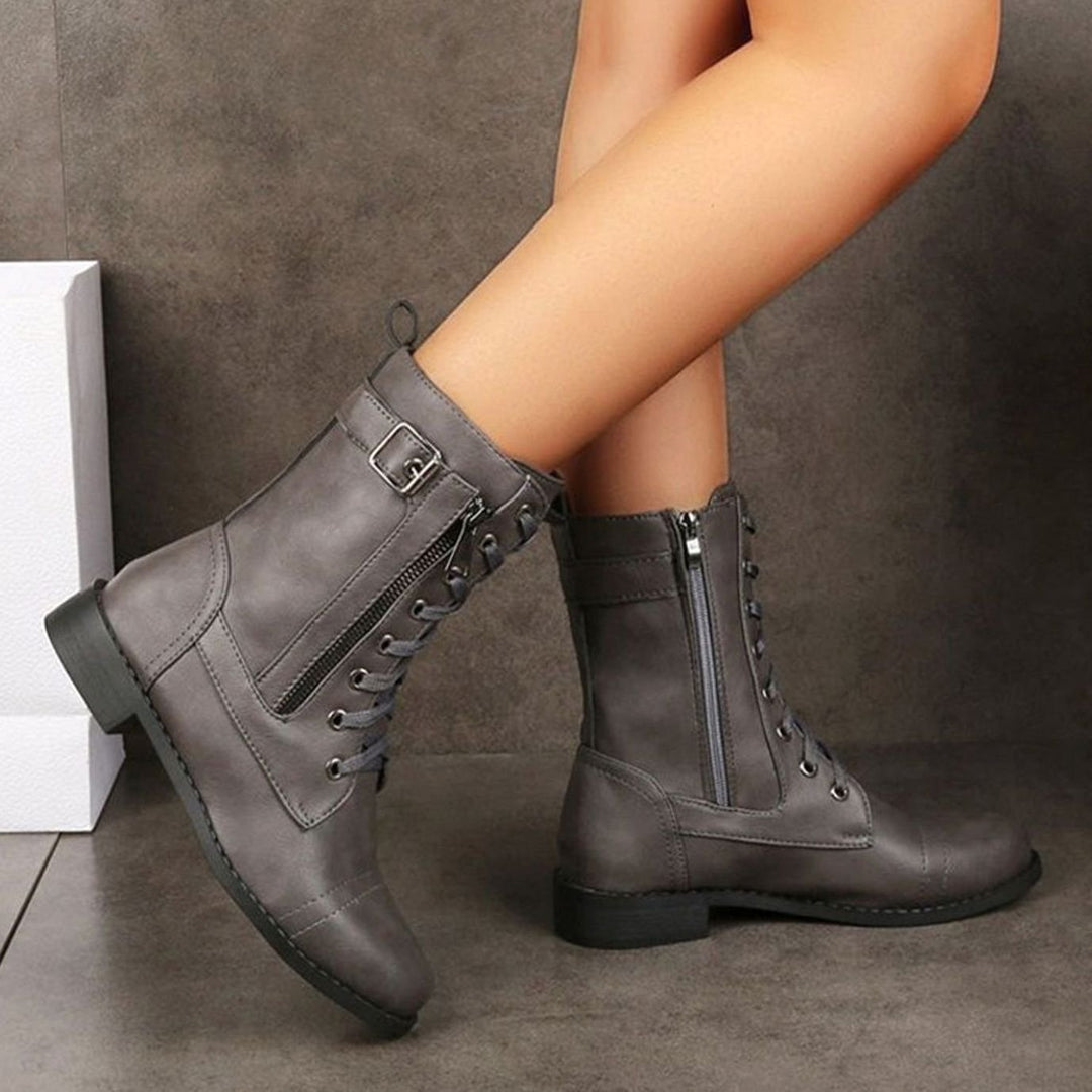 Nora | Women's Combat Lace-Up Side-Zip Ankle Boots Buckle Detail