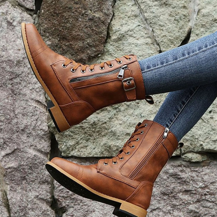 Nora | Women's Combat Lace-Up Side-Zip Ankle Boots Buckle Detail
