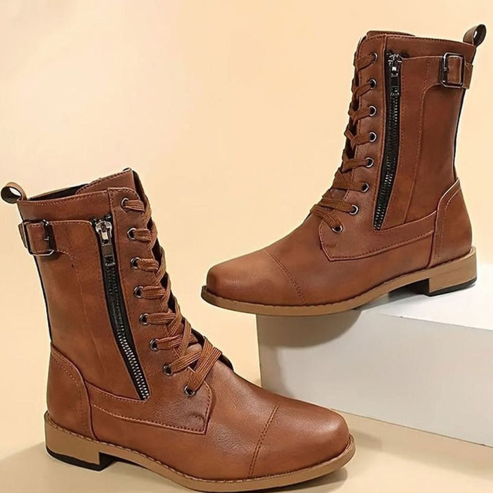 Nora | Women's Combat Lace-Up Side-Zip Ankle Boots Buckle Detail