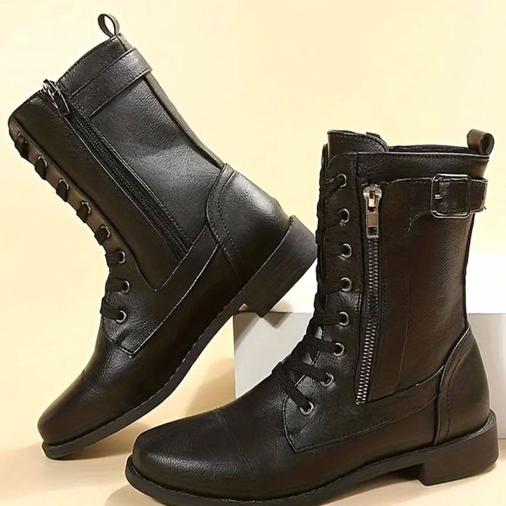 Nora | Women's Combat Lace-Up Side-Zip Ankle Boots Buckle Detail